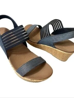 Skechers Beverlee Smitten Kitten Wedge Sandals Navy Strappy Cork Heel Size 8.5